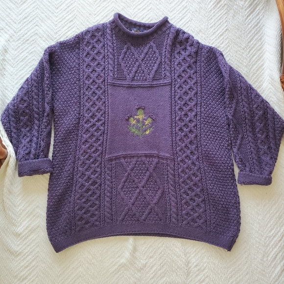 Vintage Acorn Chunky Aran Knit Purple Wool Thistle Fisherman Sweater - Picture 10 of 16